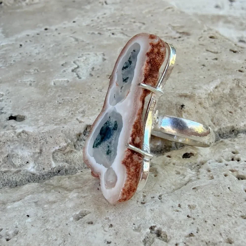 Solar Quartz Slice Druzy Ring 925 Silver Overlay Size 9, Tree Agate Ring